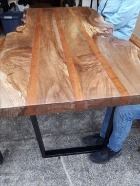 Custom Made Live Edge Solid Spalted Pecan And Cherry Dining Table And Benches With Industrial Metal Legs