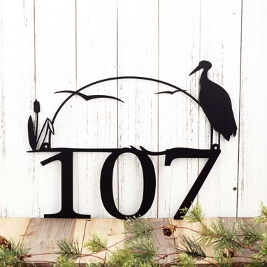 Custom Made Outdoor House Number Metal Sign With Heron And Cattails, Custom Sign, Address Plaque