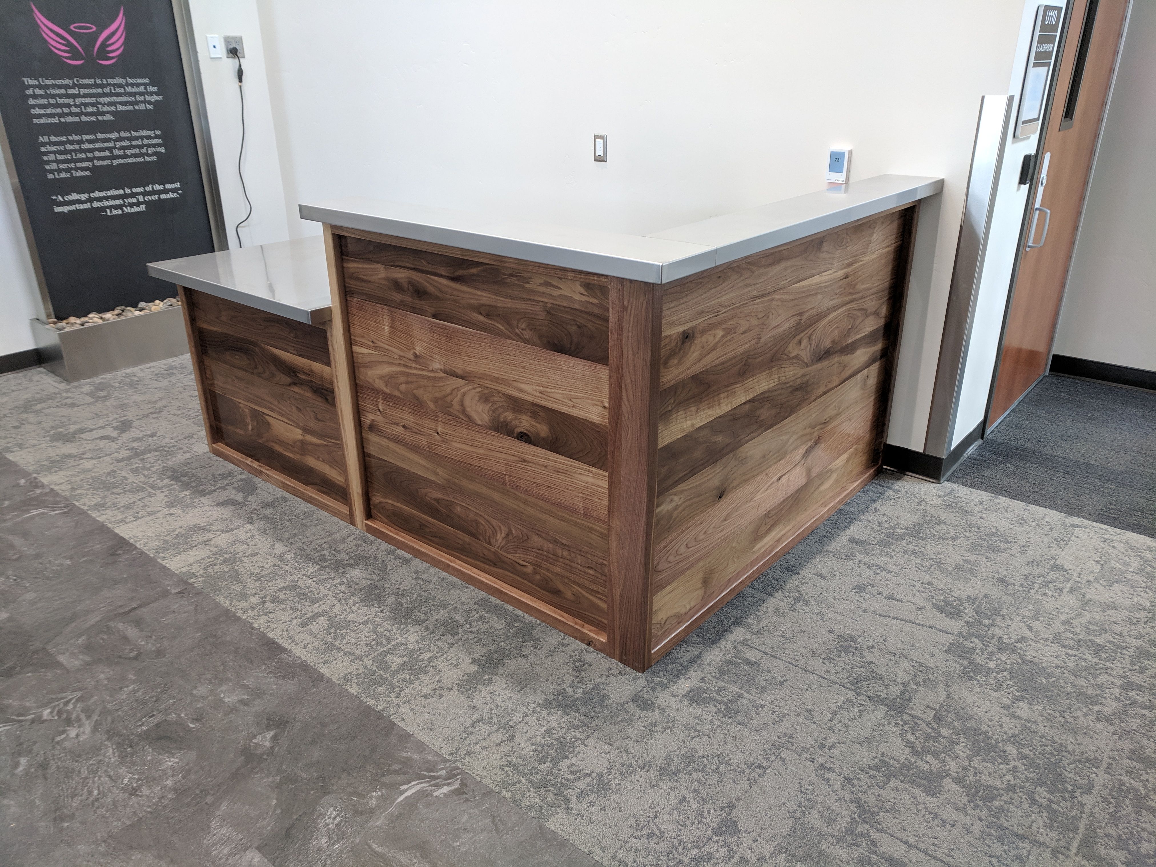 Custom Walnut And Stainless Steel Reception Desk By Re Dwell