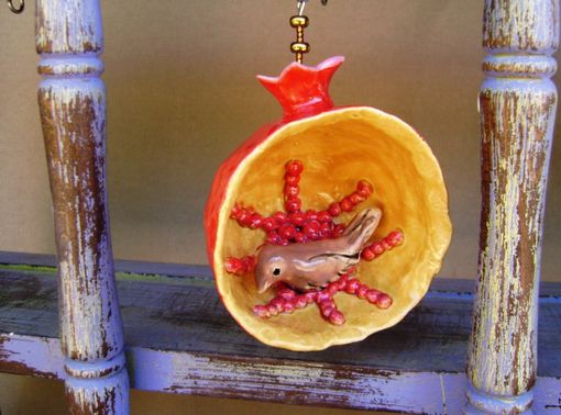 Custom Made Pomegranate Ceramic Ornament With Brown Bird, Hand Sculpted