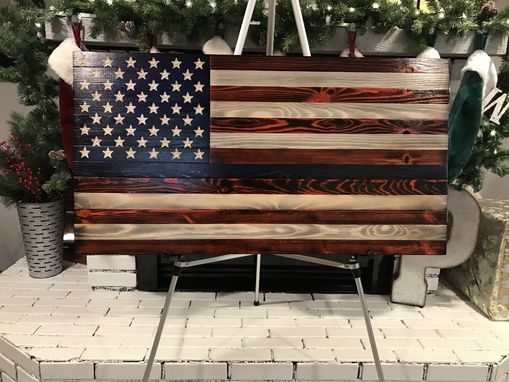 Custom Made Unique Rustic Thin Blue Line Red, White And Blue Wooden American Charred Flag