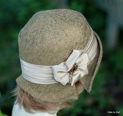 Custom Made Designer Cloche Hat In Sage Green And Brown Tones For Fall And Winter