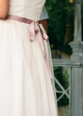 Custom Made Polkadot Silk Tulle Wedding Dress W/ Mauve Crystal Ribbon Belt