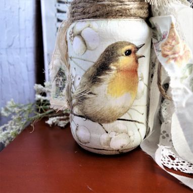 Custom Made Rustic Bird Decor Jar Vase Rag Bow Vintage Decor With Florals