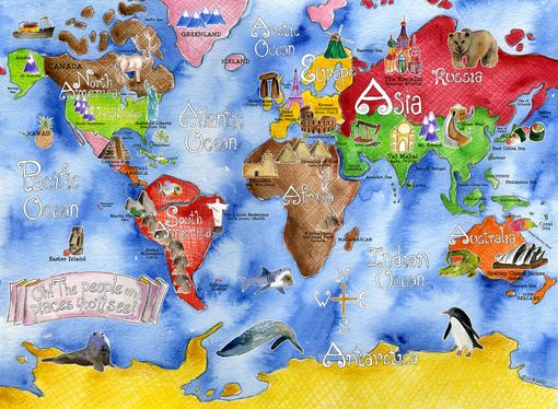 Custom Made Children's Illustrated Watercolor Art Royal Blue World Map