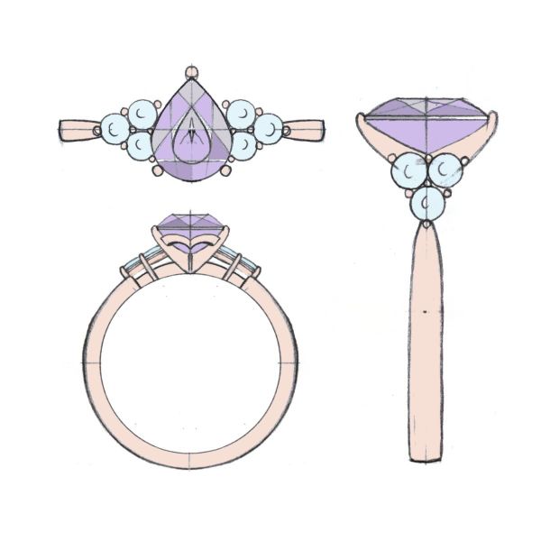 Clusters of diamonds surround a pear cut lavender amethyst in this dainty engagement ring.