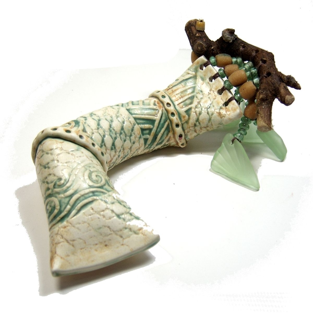 Buy Hand Made Handmade Ceramic Clay Rattle Snake With Found Wood Handle And Bead Adornment, made