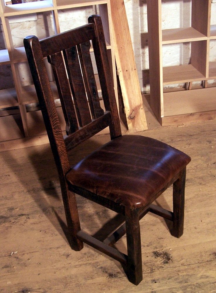 Hand Crafted Reclaimed Oak Rustic, Leather Seats For Dining Chairs