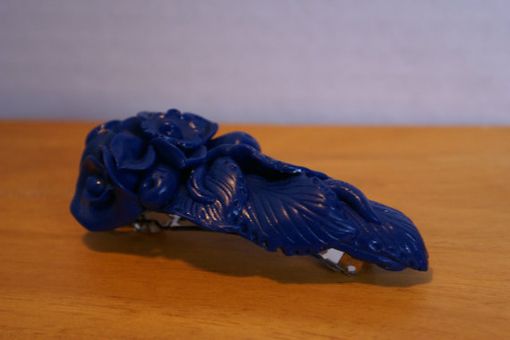 Custom Made Barrette, Hand Sculpted Solid Navy Blue Polymer Flower Leaves