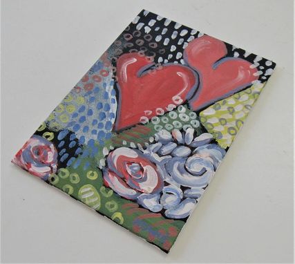 Custom Made Red Hearts Original Art Canvas, 5" X 7", Flowers And Hearts Acrylic Painting