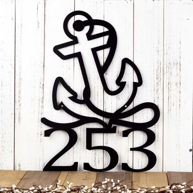 Custom Made Nautical House Number Metal Sign With Boat Anchor Silhouette