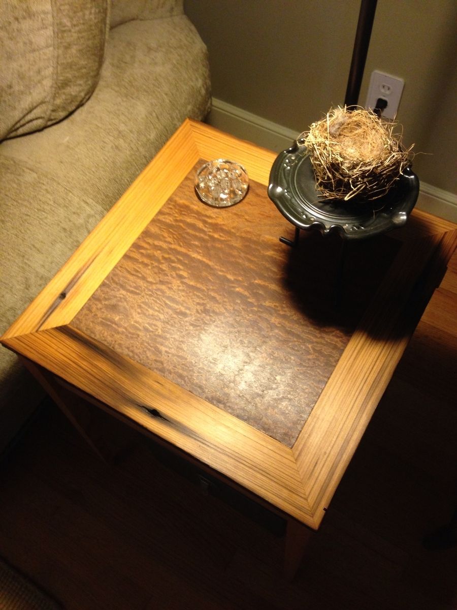 Custom Made Reclaimed Pine End Table With Quilted Mahogany Top by