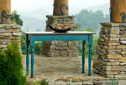 Custom Made Walnut Sofa Table With Turned Legs, Peacock Blue