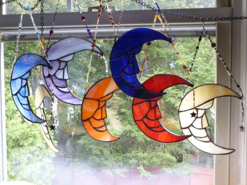 Custom Made Stained Glass Man On The Moon With Crystal Star And Swarovski Beads