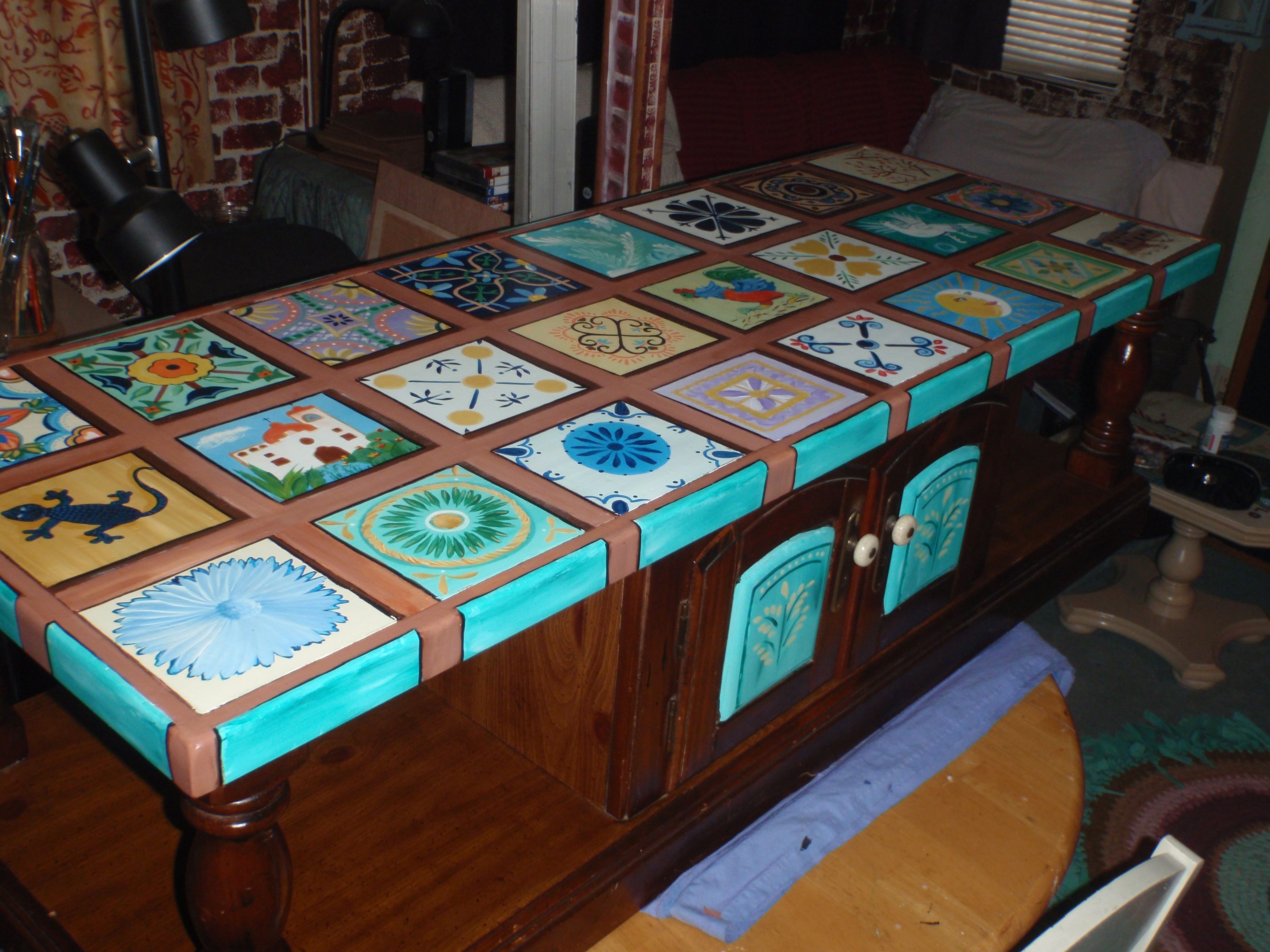 Hand Painted Mexican Tile Table, Hand Painted Mexican Tiles