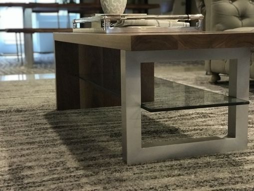 Custom Made Modern Walnut Waterfall Coffee Table With Glass Shelf And Metal Leg.