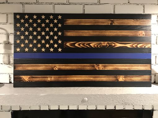 Custom Made Thin Blue Line American Rustic Flag, Thin Blue Line Wood Flag