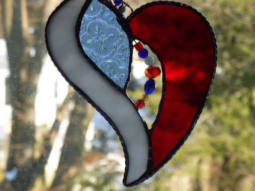 Custom Made Blue And Red Iridescent Stained Glass Heart With Beads And Crystals