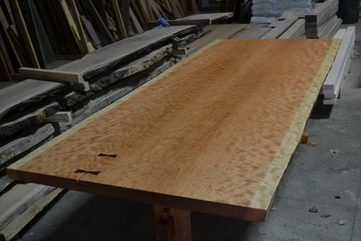 Custom Made Live Edge Dining Table - Bookmatched, Curly Cherry Top With Trestle Base