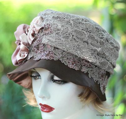 Custom Made Edwardian Vintage Style Wedding Hat In Taupe Mauve Lace With Handmade Flowers