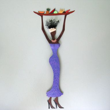 Custom Made Handmade Upcycled Metal Exotic African Lady With Platter Wall Art Sculpture