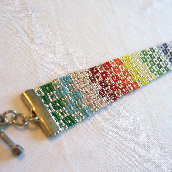 Hand Made Bracelet Loom Beaded Cuff Rainbow Geometric Squares Triangle ...