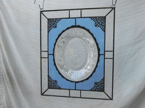 Custom Made Stained Glass Window Panel W/ Recycled Vintage Glass, Suncatcher, Crystal Tiara Sandwich Glass Plate