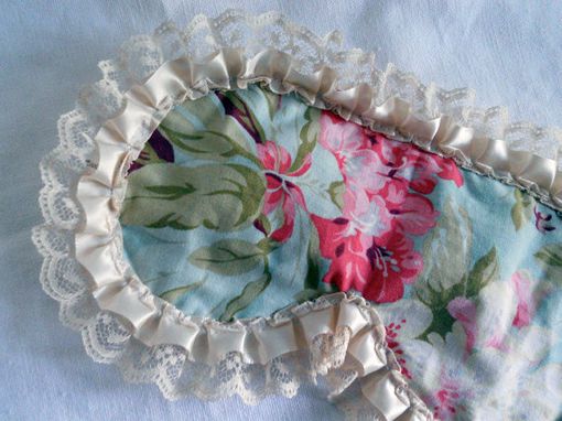 Custom Made Satin Lined Sleepmask - Retro Shabby Chic Blue Floral With Cream Lace Trim - Bath And Beauty