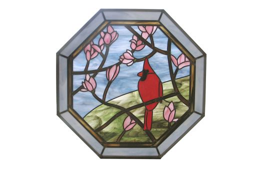 Custom Made Cardinal In Magnolia Tree Stained Glass Octagon