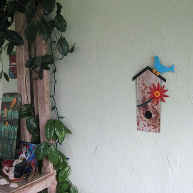Custom Made Art Sculpture Garden Art Birdhouse Recycled Metal Wall Or Stake