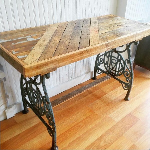 Buy Hand Crafted Reclaimed Flooring Console Table W/ Antique Cast Iron