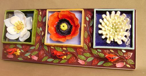 Custom Made Flower Box Trio Wall Hanging , Home Or Garden Decor Mosaic Sculpture