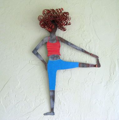 Custom Made Handmade Upcycled Metal Yoga Gal Wall Art Sculpture In Red And Blue