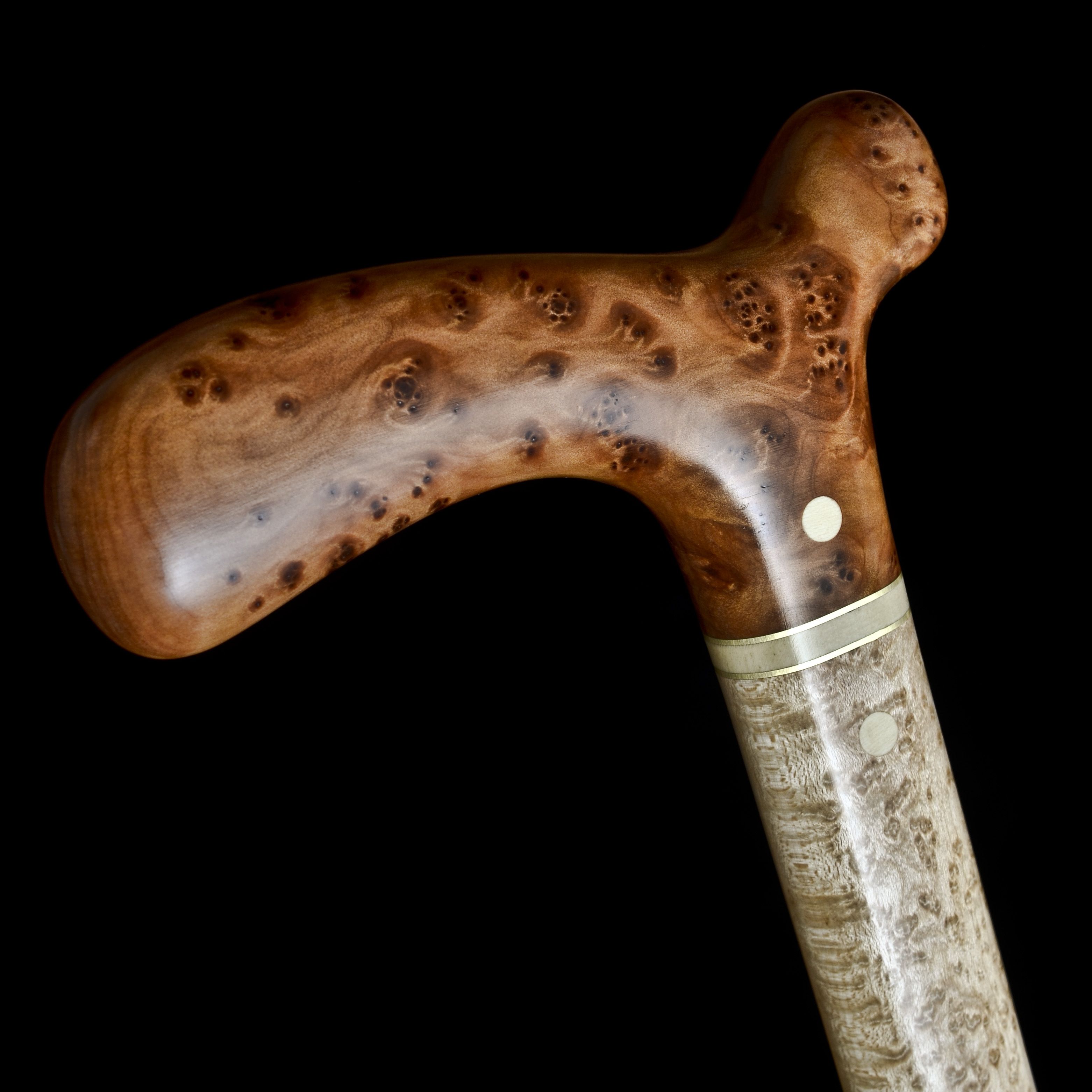Hand Made Handmade Walking Cane In Thuya Burl And Birdseye Maple Wood