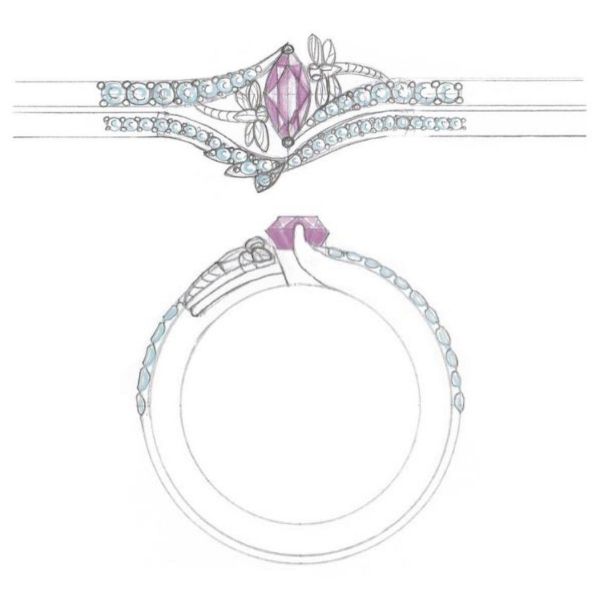 Sketch for a marquise cut purple amethyst, dragonfly inspired engagement ring.