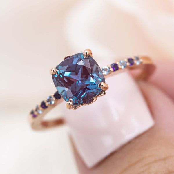 The alexandrite in this ring is a bright clear blue.