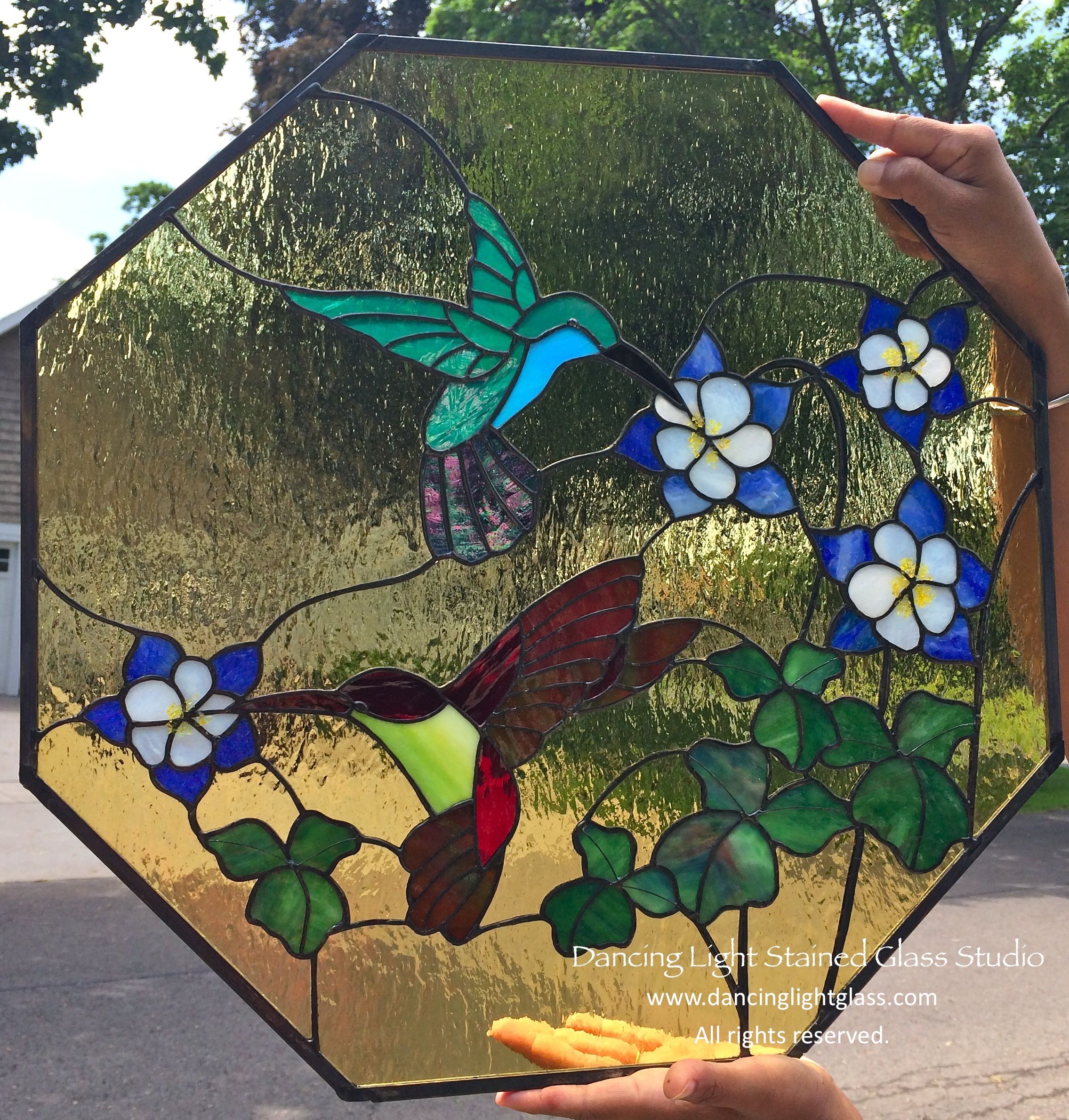10x12 HUMMINGBIRD Columbine Floral Stained Art Glass Framed Suncatcher 