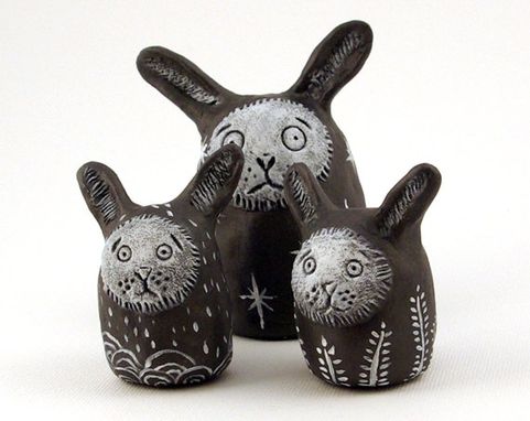 Custom Made Cute Clay Bunny Figurines Grey Paperclay Set Of Three