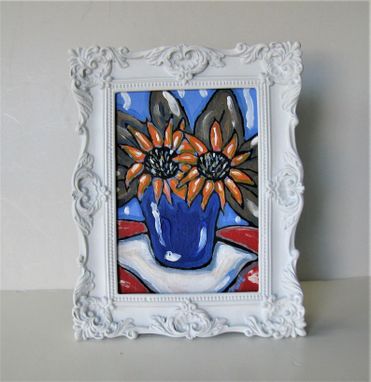 Custom Made Original Acrylic Sunflowers Painting, Shabby Ornate White Frame