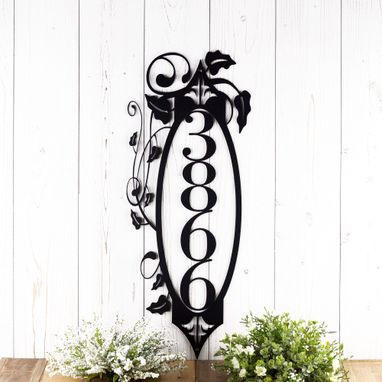Custom Made Vertical House Numbers Metal Plaque With Vines And Fleur De Lis