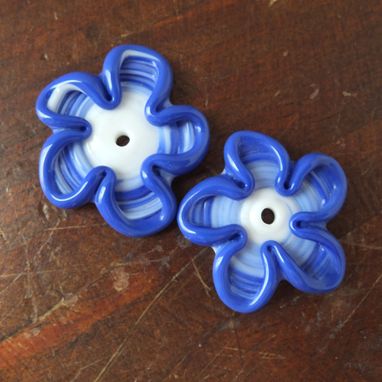Custom Made 2 Lapis Blue Floral Whimsy Bead Buttons Handmade Lampwork Glass By Gemfox Sra Usa