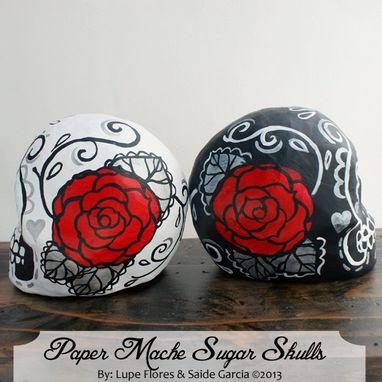 Custom Made Wedding Cake Toppers Paper Mache Skulls Day Of The Dead Red Roses Decoration