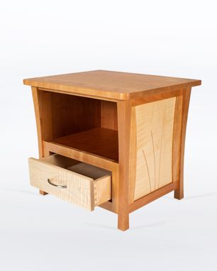 Custom Made Nightstand With Drawer In Solid Cherry And Maple, Features Space For Laptop. "River Rushes"