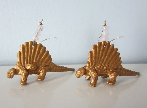 Custom Made Upcycled Earrings Made From Toy Dinosaurs - Gold Dimetrodons With White Glass Beads