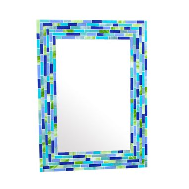 Custom Made Modern Mosaic Wall Mirror In Blue And Green Stained Glass Stripes