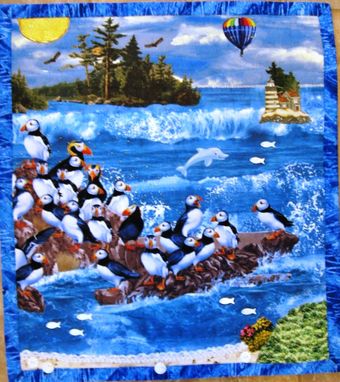 Custom Made Quilted Landscape Wall Hanging - "Puffin Cove"