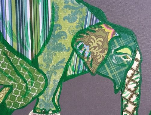 Custom Made Green Circus Elephant On Ball Original Painting Collage