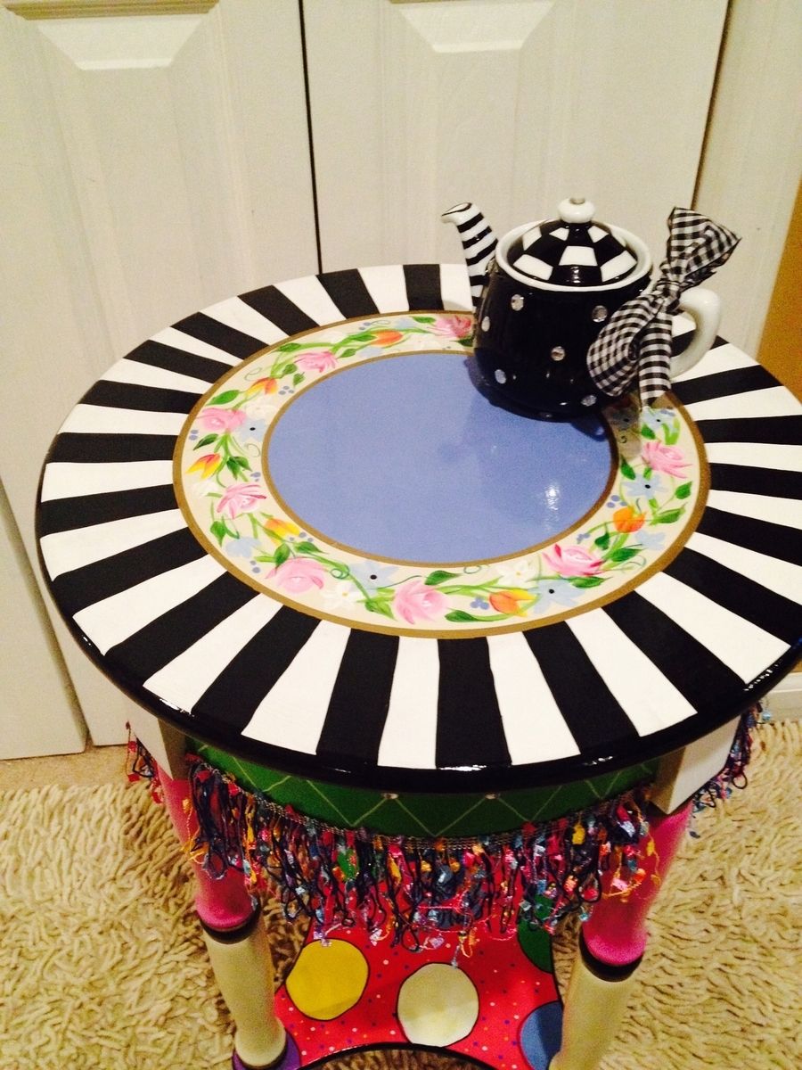 Hand Made Hand Painted Round Side Accent Table Custom Design//Painted