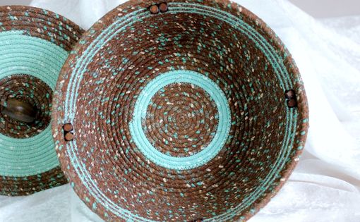 Custom Made Fabric Bowl With Lid - Coiled - Wrapped Clothesline - Medium Round - Brown/Mint Green