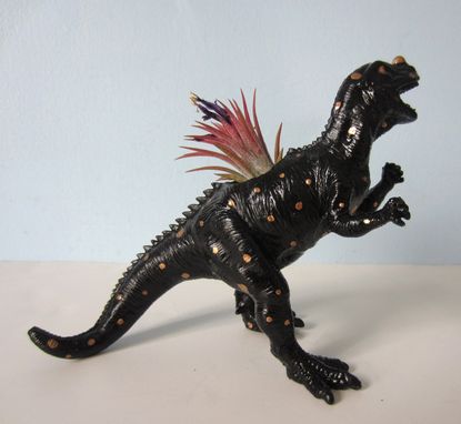 Custom Made Upcycled Toy Planter - Black T-Rex With Gold Spots And Air Plant